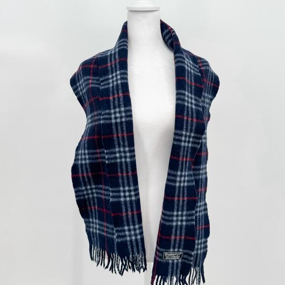 Burberry Scarf Wool Authentic Navy Plaid Nova Check Winter Fringe Lambswool - Picture 3 of 5